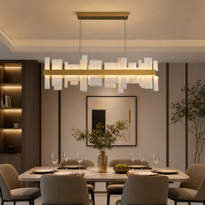 Linear Alabaster and Gold Stainless Steel Dining Chandelier