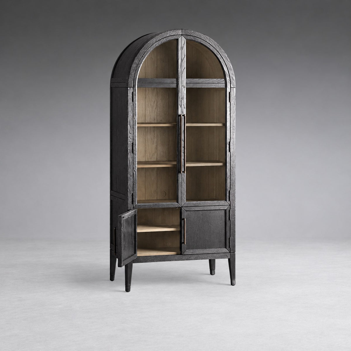 Tall Oak Display Cabinet with Glass Doors