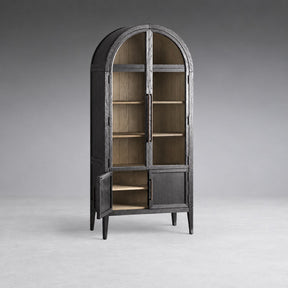 Tall Oak Display Cabinet with Glass Doors