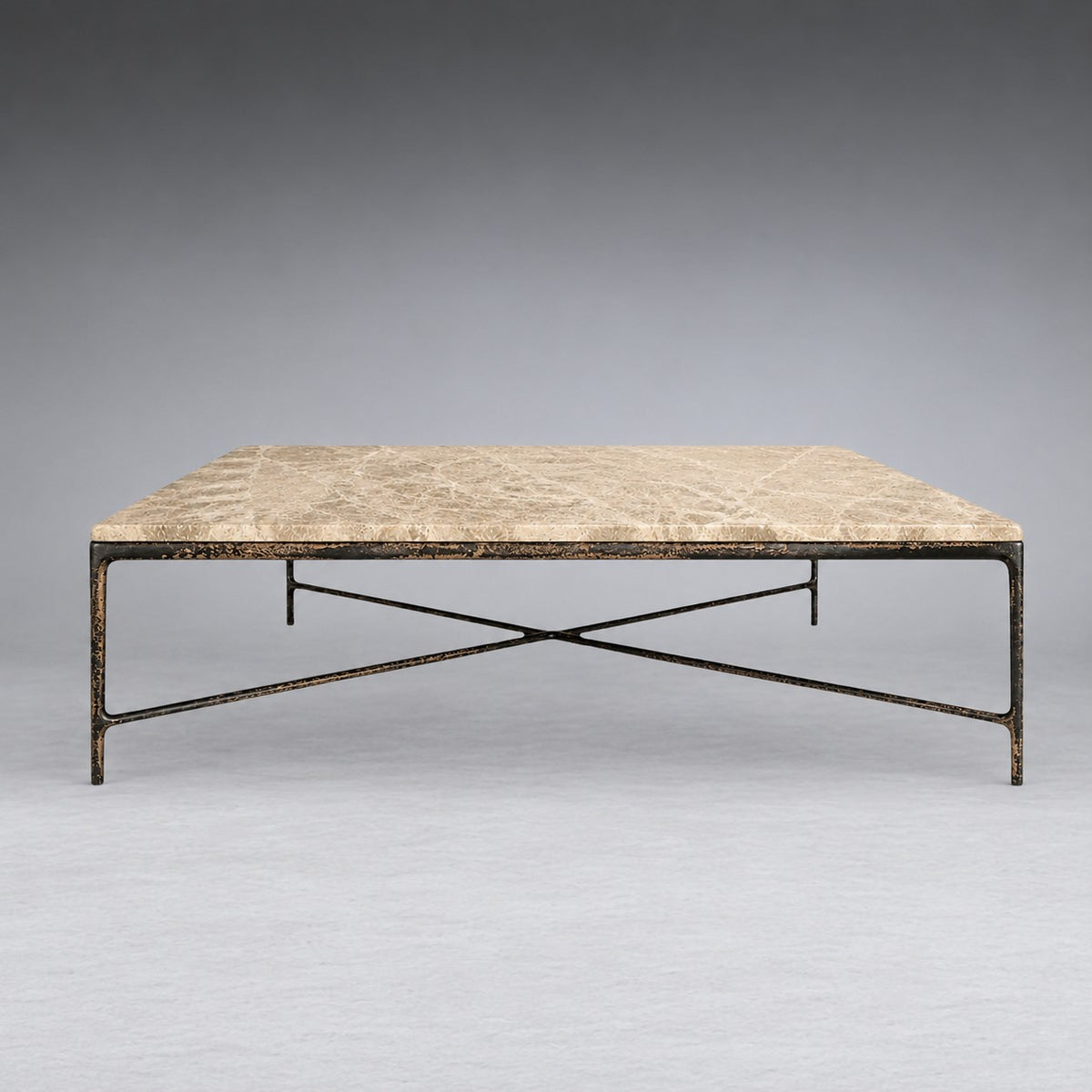 Square Hammered Metal and Marble Coffee Table