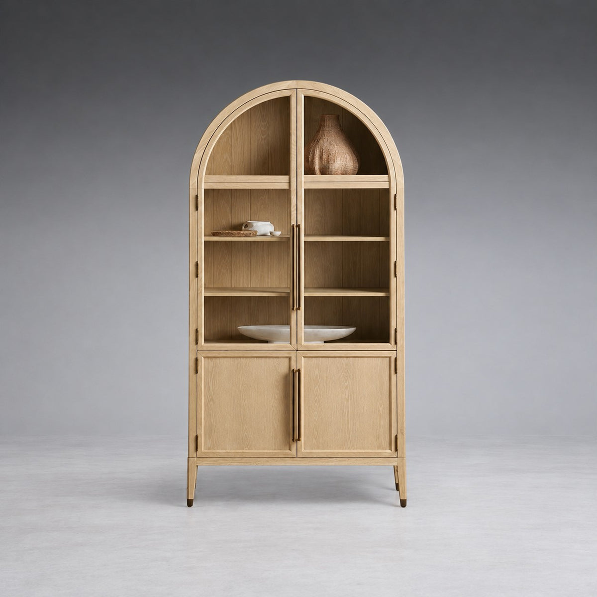 Tall Oak Display Cabinet with Glass Doors