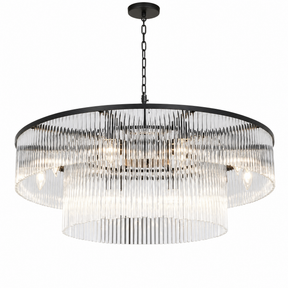 D800 Double-Layer Striped Column Round Pendant - Black