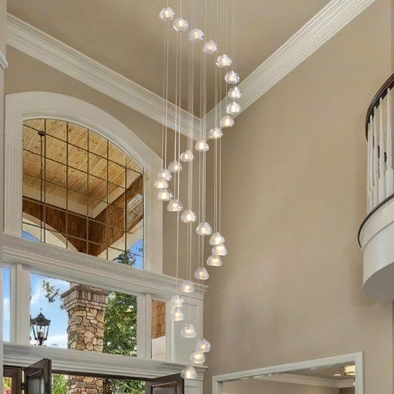 30-Light Gold Crystal Staircase Chandelier with Adjustable Bubble Shades