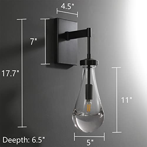 Black Raindrop Bedroom Bedside Wall Light,Brass Wall Sconces, Art Vanity Light Fixtures for Bathroom,Raindrop Wall Lamp with Hand Blown Solid Glass Perfect for Bedroom, Living Room