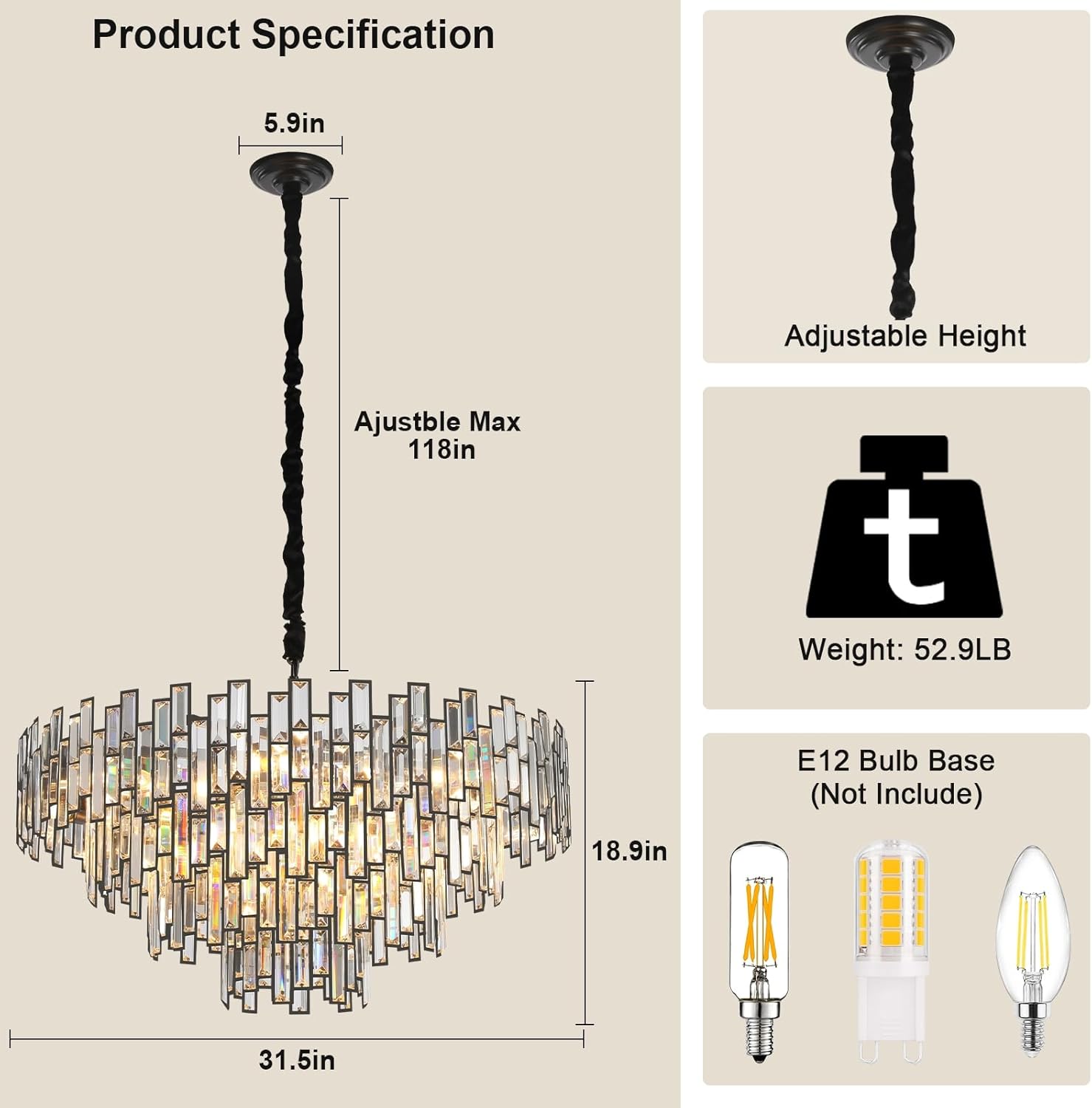 31.5'' Black Crystal Chandelier, 4-Tier Modern Round K9 Pendant Light for High Ceilings