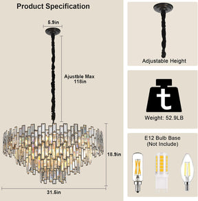 31.5'' Black Crystal Chandelier, 4-Tier Modern Round K9 Pendant Light for High Ceilings
