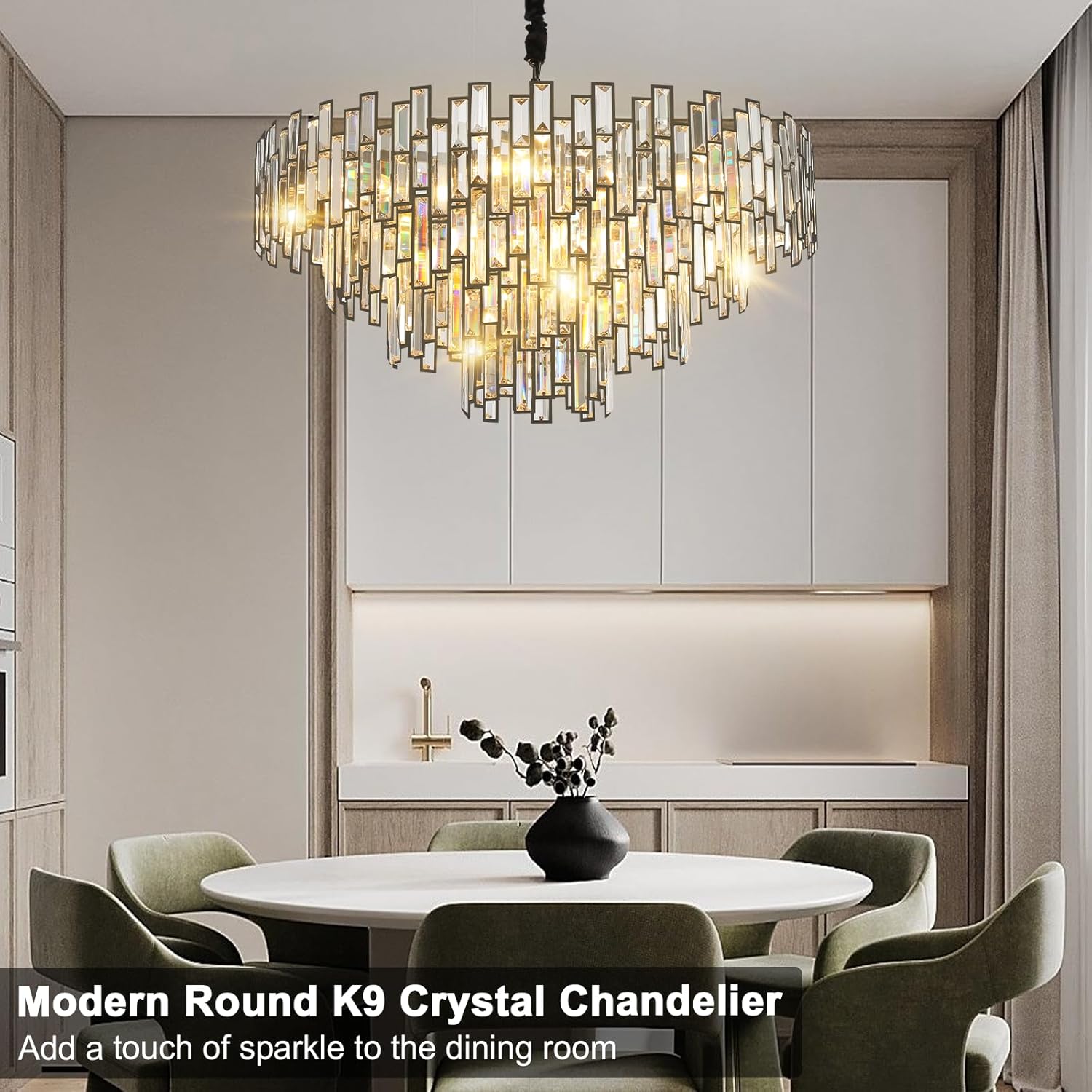 31.5'' Black Crystal Chandelier, 4-Tier Modern Round K9 Pendant Light for High Ceilings