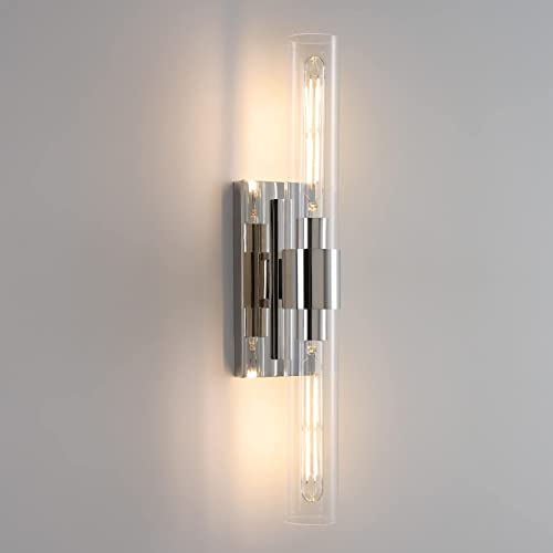 Modern Nickel Color Wall Sconces Fixture, Bathroom Light with Mirror Coating and Clear Glass Shade, Indoor Vanity Light for Mirror, Living Room, Bedroom, Hallway, Fireplace, Staircase