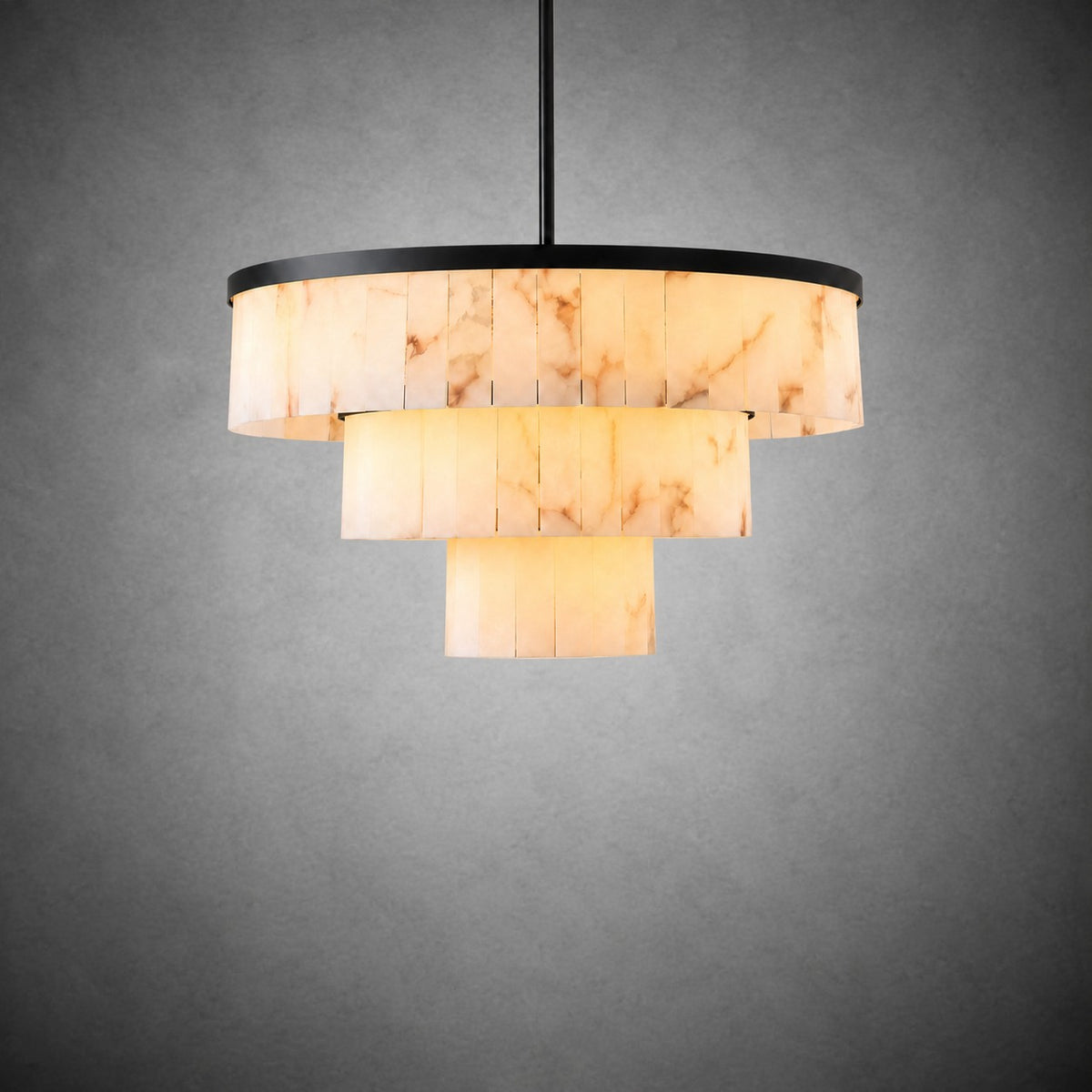 34.3" 3-Tier Alabaster Round Chandelier - Black