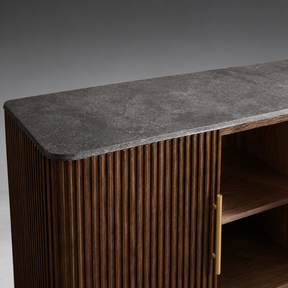 Reeded Wood Credenza With Marble Or Bluestone Top