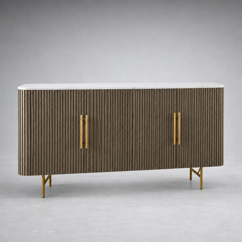Reeded Wood Credenza With Marble Or Bluestone Top