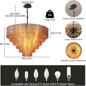 41" Extra Large Amber Glass 18-Light Black Round Chandelier