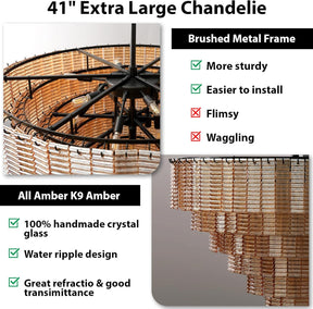 41" Extra Large Amber Glass 18-Light Black Round Chandelier