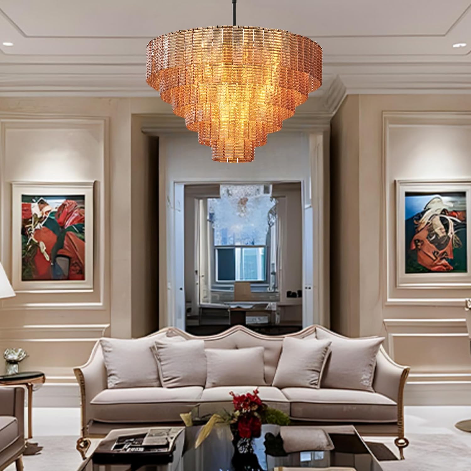 41" Extra Large Amber Glass 18-Light Black Round Chandelier