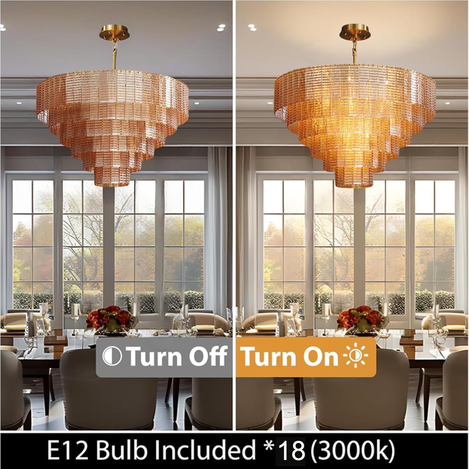 41-Inch Amber Glass Large Modern Chandelier with 18 Lights