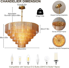 41-Inch Amber Glass Large Modern Chandelier with 18 Lights