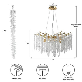 Modern Crystal Chandeliers for Dining Room,Gold Tree Branches Chandelier Lighting,Round Luxury High Ceiling Chandelier Light Fixture Hanging Pendant Light Fixtures-23.6"