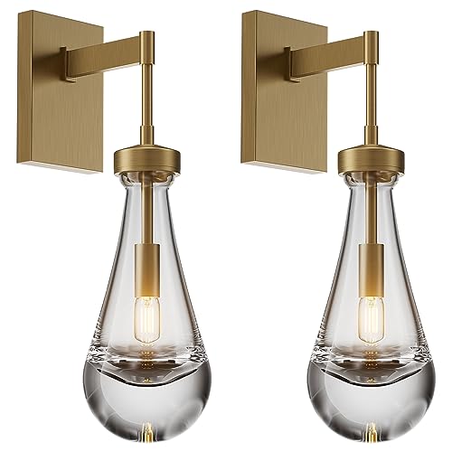 Wall Sconces Set of Two, Brass Raindrop sconces Wall Lighting,Indoor Kitchen Wall Decor Lamps,Wall Lamp with Hand Blown Solid Glass Perfect for Bedroom, Living Room,Vanity(Including Bulb)