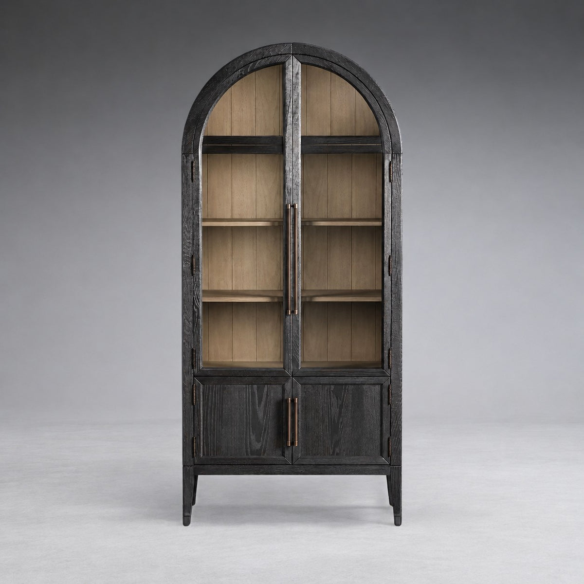 Tall Oak Display Cabinet with Glass Doors