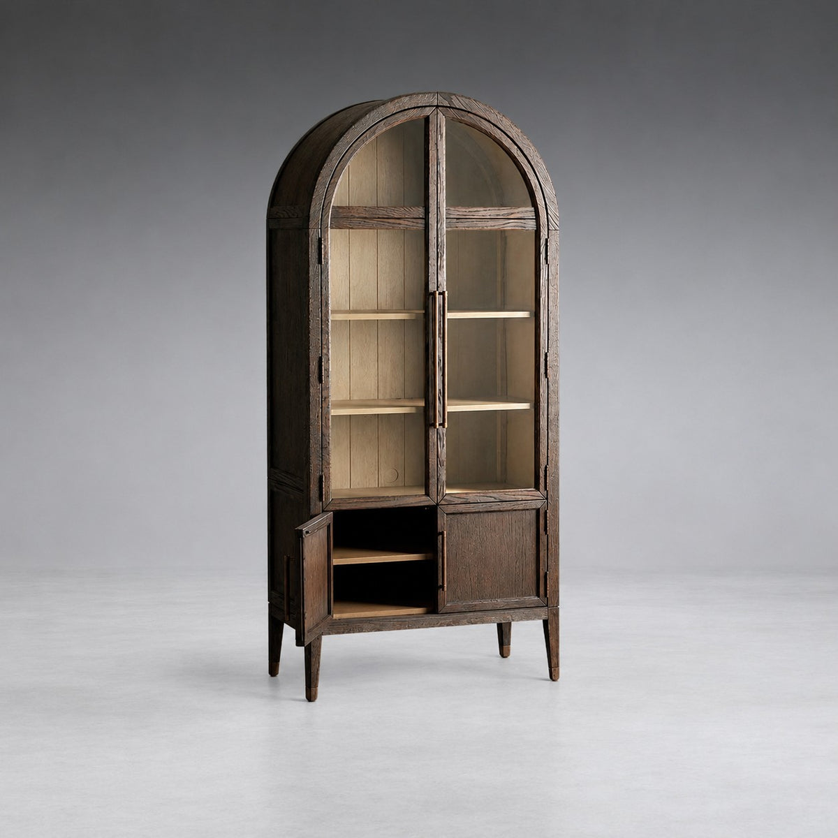 Tall Oak Display Cabinet with Glass Doors