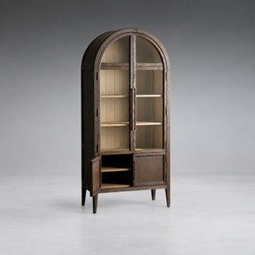 Tall Oak Display Cabinet with Glass Doors