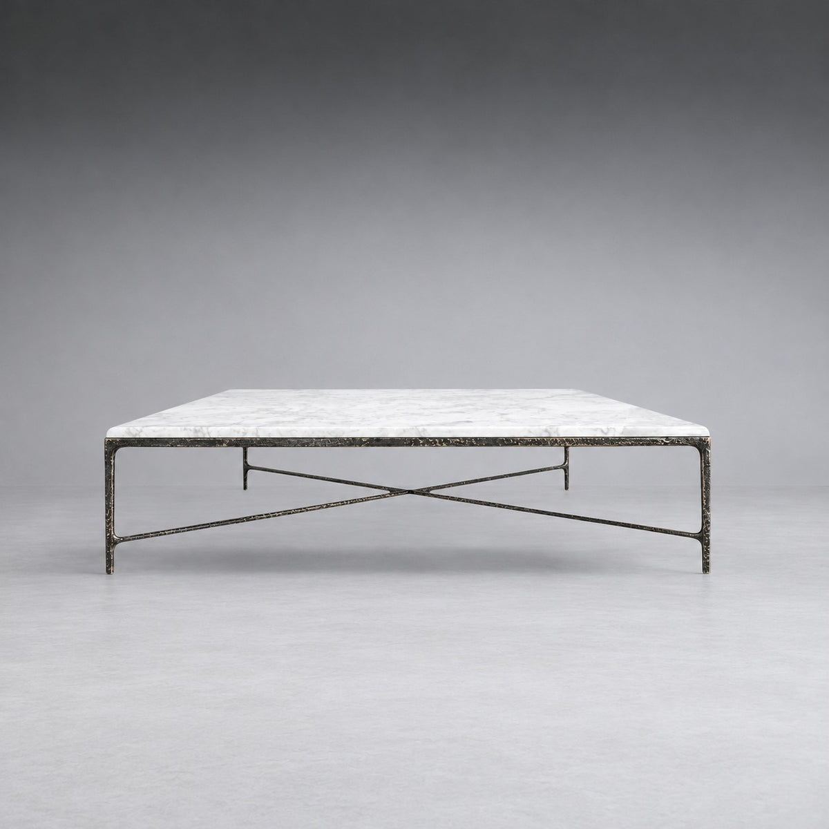 Square Hammered Metal and Marble Coffee Table