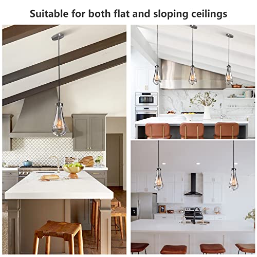 Modern Nickel Pendant Light Set of 2, Raindrop Hanging Light Fixtures for Kitchen Island, Indoor Crystal Ceiling Light Fixtures with Clear Solid Crystal Raindrop for Living Room Hallway