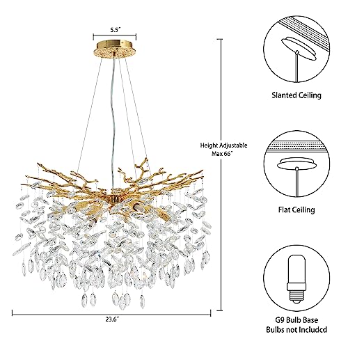 Modern Crystal Chandeliers for Dining Room,Gold Tree Branches Chandelier Lighting,Round Luxury Raindrop High Ceiling Chandelier Light Fixture Hanging Pendant Light Fixtures(23.6 inch)