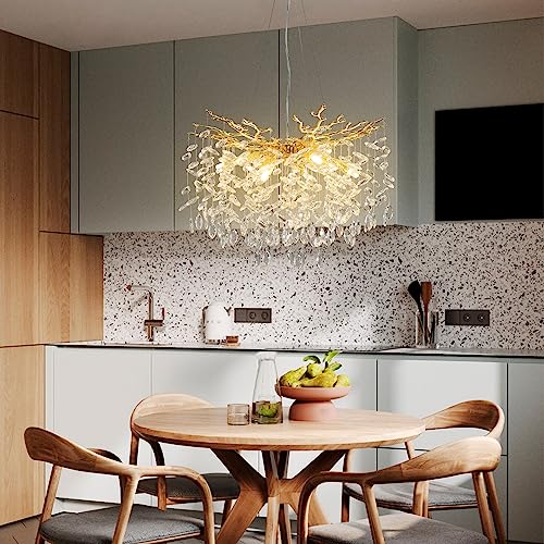 Modern Crystal Chandeliers for Dining Room,Gold Tree Branches Chandelier Lighting,Round Luxury Raindrop High Ceiling Chandelier Light Fixture Hanging Pendant Light Fixtures(23.6 inch)