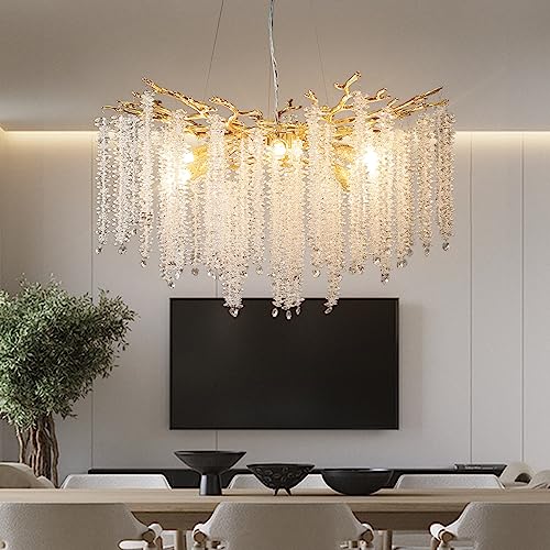 Modern Crystal Chandeliers for Dining Room,Gold Tree Branches Chandelier Lighting,Round Luxury High Ceiling Chandelier Light Fixture Hanging Pendant Light Fixtures-23.6"