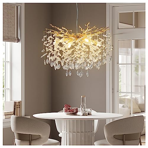 Modern Crystal Chandeliers for Dining Room,Gold Tree Branches Chandelier Lighting,Round Luxury Raindrop High Ceiling Chandelier Light Fixture Hanging Pendant Light Fixtures(23.6 inch)