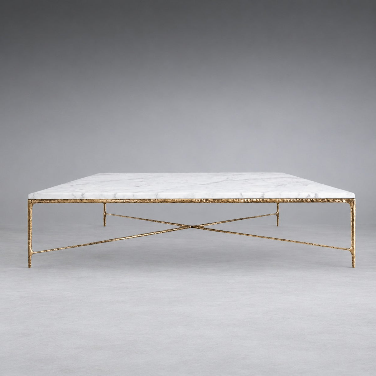 Square Hammered Metal and Marble Coffee Table