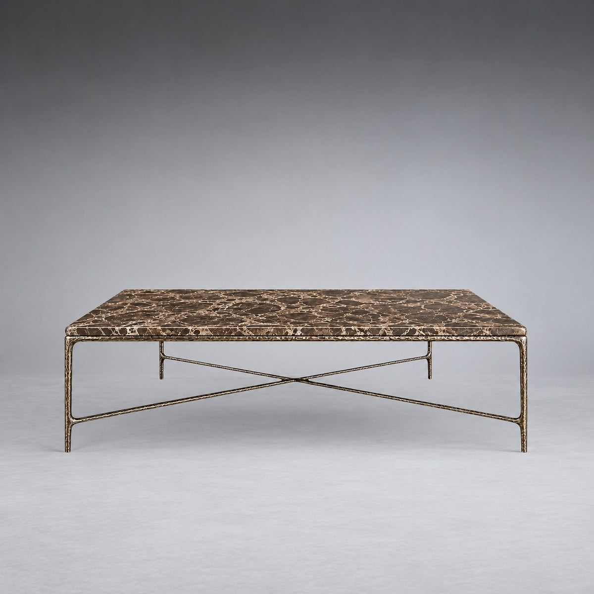 Square Hammered Metal and Marble Coffee Table