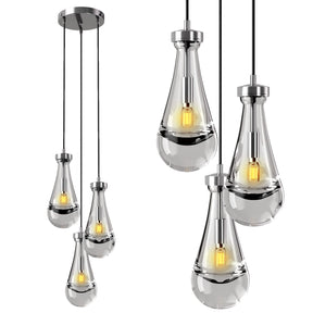 3 Light Pendant Lights Kitchen Island, Raindrop Cluster Pendant Light Fixture, Adjustable Hanging Rope Clear Solid Glass Chandelier for Dining Room, Porch, Corridor, Living Room