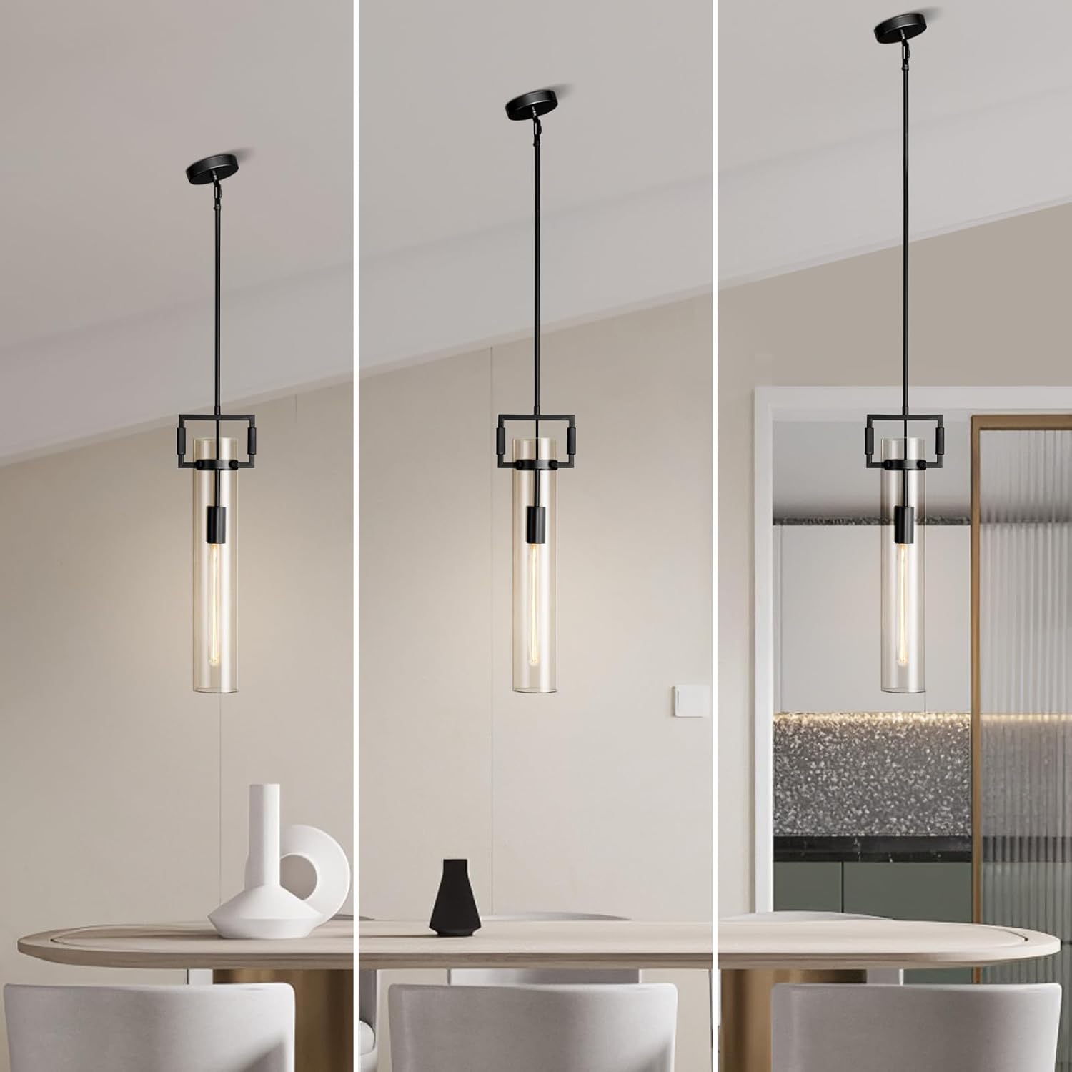 Modern Large Black Pendant Light Fixture Set of 2-21.6 Inch Adjustable Hanging Chandelier with Glass Shade & Brass Finish, Farmhouse Island Lighting for Kitchen, Dining Room, Bathroom