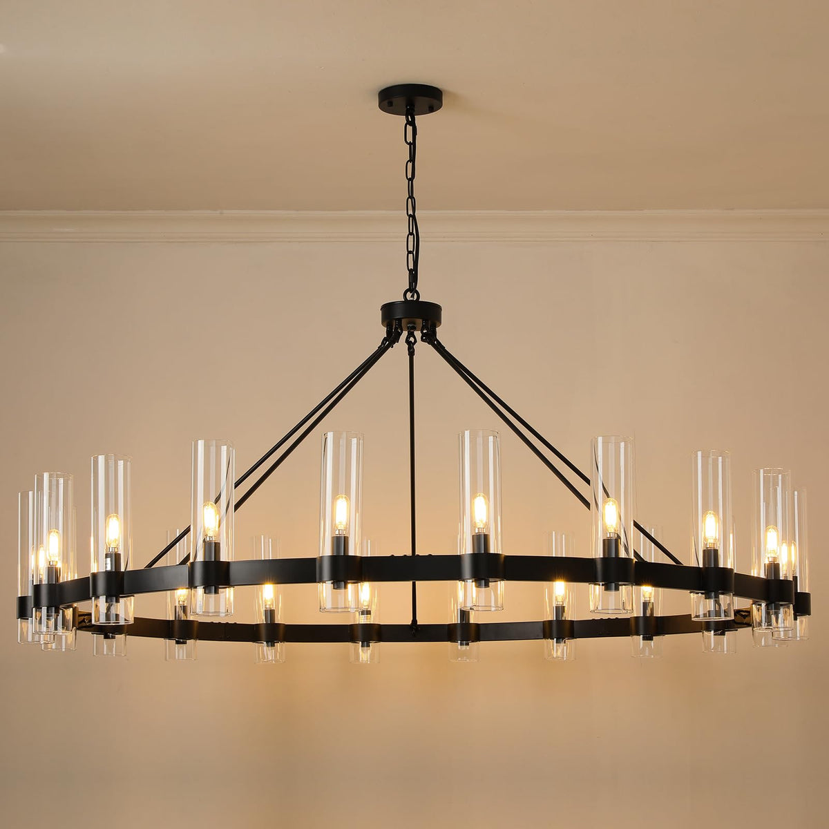 20-Lights Black Chandelier,Wagon Wheel Chandelier with Glass Shade, 60 Inch Large Round Industrial High Ceilings Pendant Lighting Fixture for Dining Living Room, Kitchen Island, Foyer