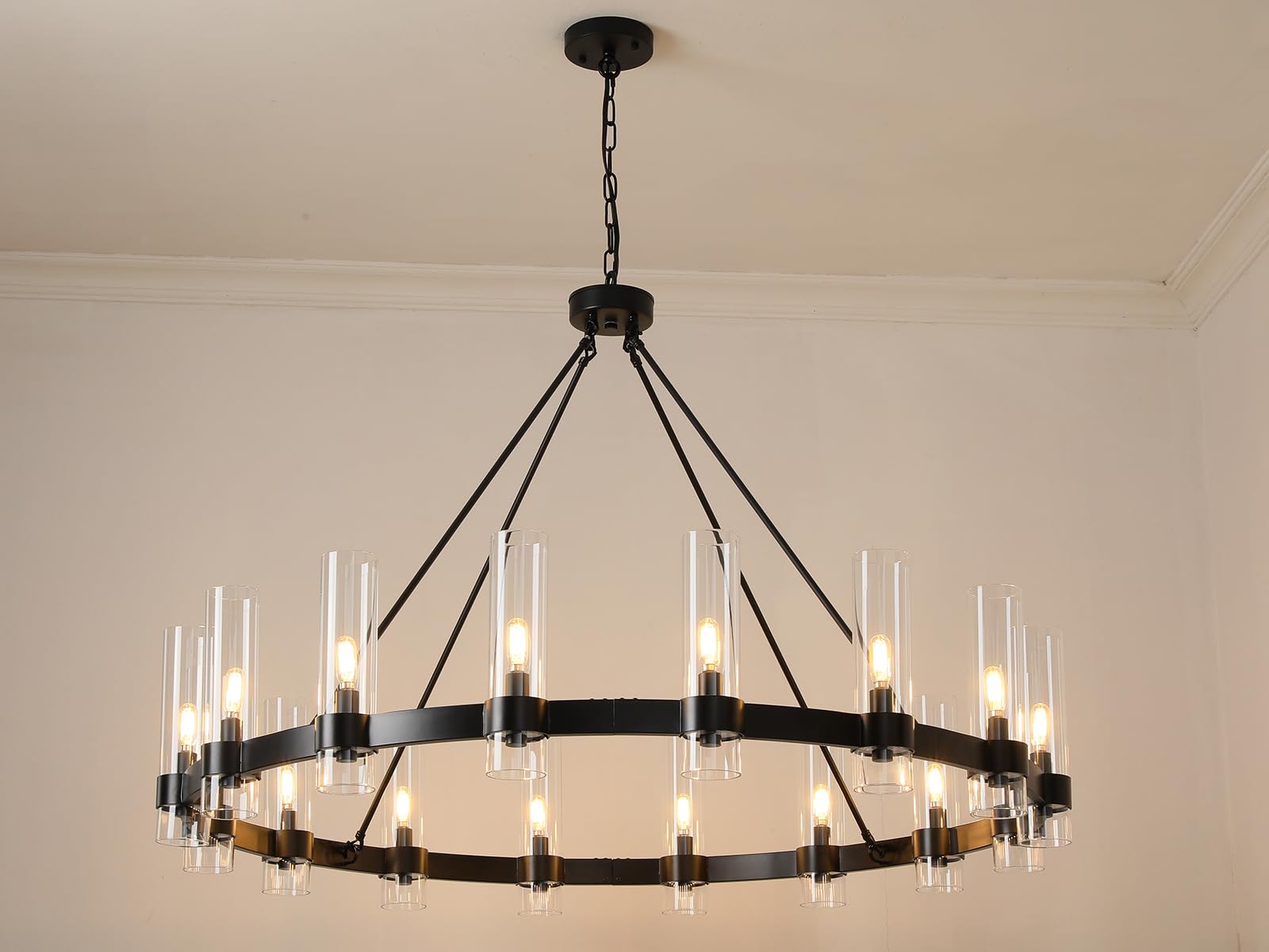 16-Lights Black Chandelier,Wagon Wheel Chandelier with Glass Shade,48 Inch Large Round Industrial High Ceilings Pendant Lighting Fixture for Dining Living Room, Kitchen Island, Foyer