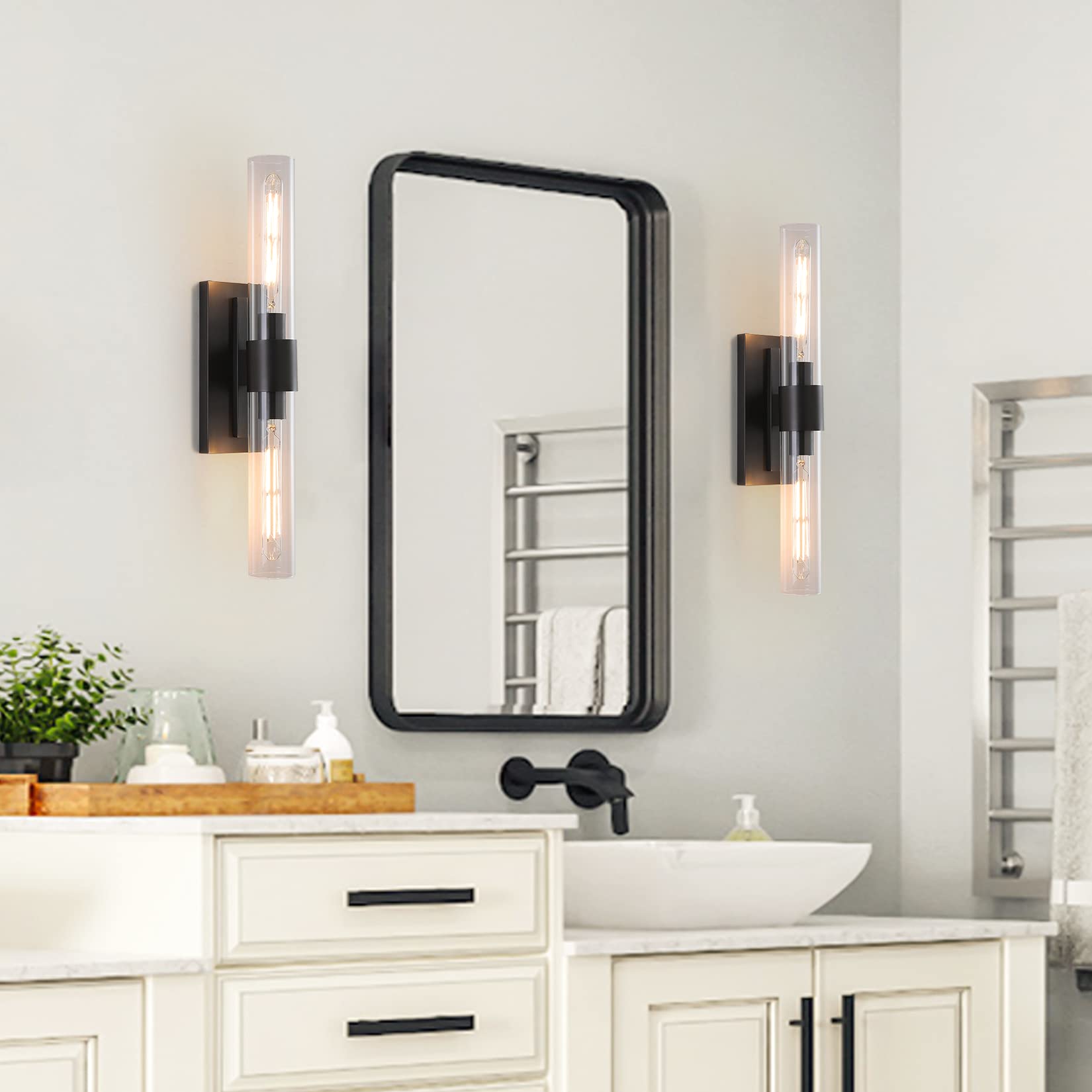 Modern Black sconces Wall Decor Set of 2, Bathroom Light with Clear Glass Shade, Indoor Vanity Light for Mirror, Living Room, Bedroom, Hallway, Fireplace, Staircase(Including Bulb)