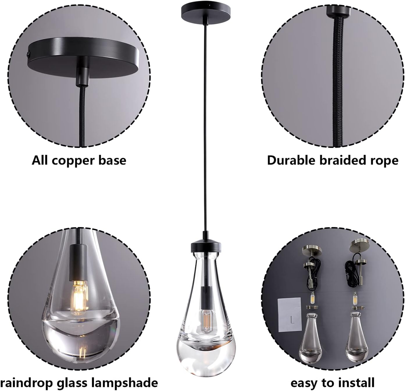 Modern Nickel Pendant Light, Raindrop Hanging Light Fixtures for Kitchen Island, Indoor Crystal Ceiling Light Fixtures with Clear Solid Crystal Raindrop for Living Room Hallway