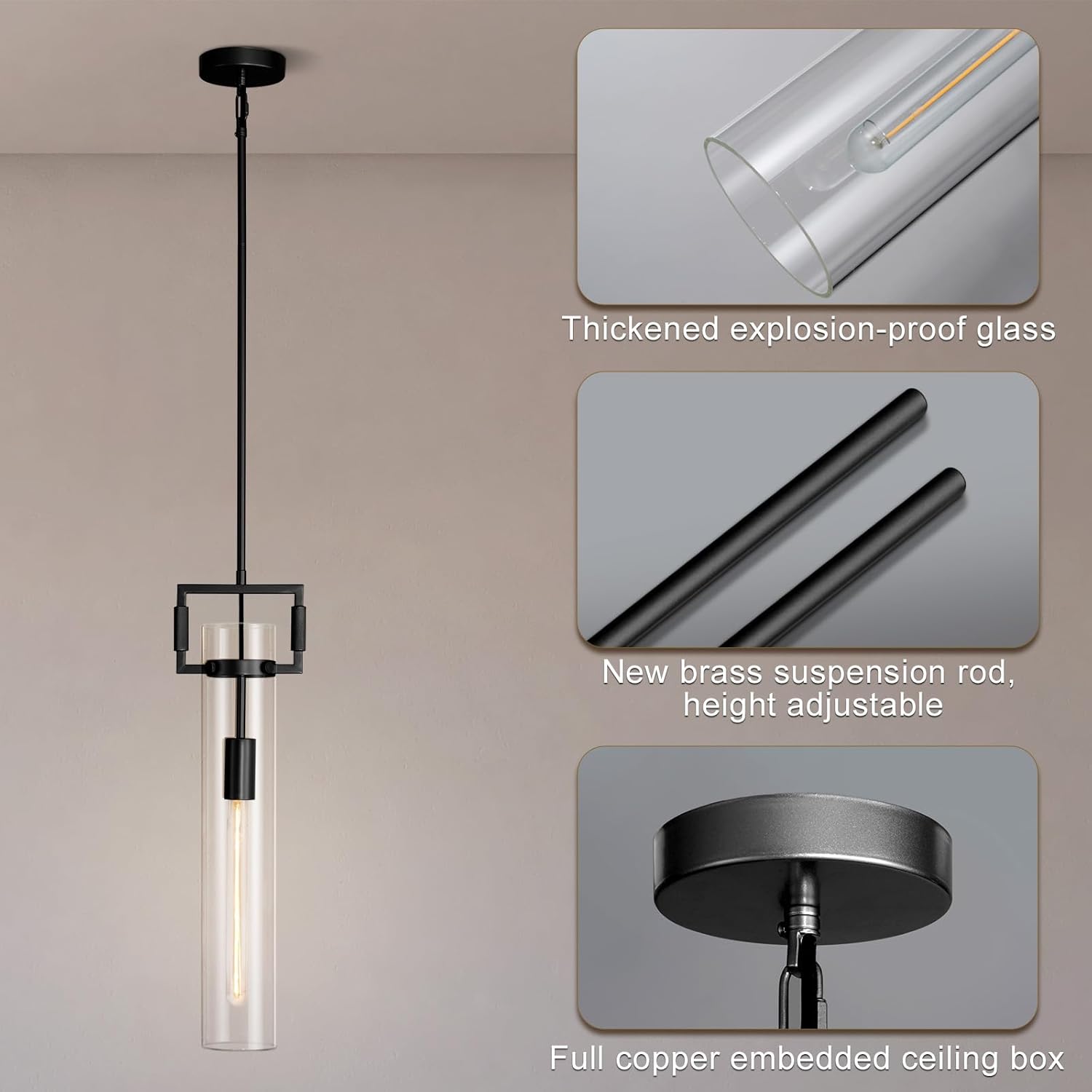 Modern Large Black Pendant Light Fixture Set of 2-21.6 Inch Adjustable Hanging Chandelier with Glass Shade & Brass Finish, Farmhouse Island Lighting for Kitchen, Dining Room, Bathroom