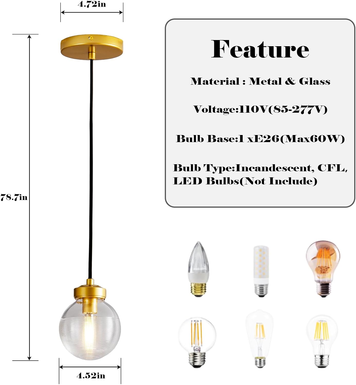 Brass Pendant Lights,Modern Globe Glass Hanging Ceiling Light