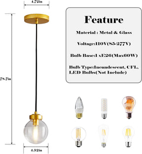 Brass Pendant Lights,Modern Globe Glass Hanging Ceiling Light