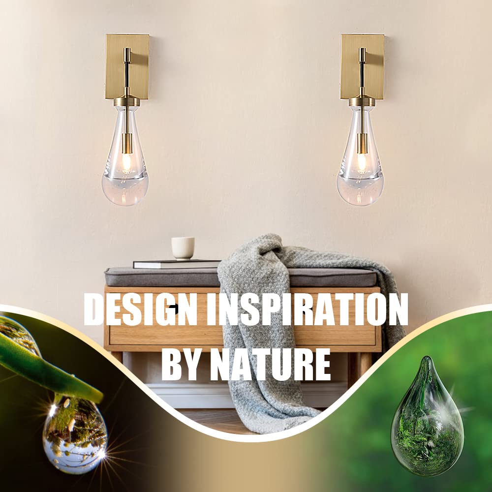 Brass Raindrop sconces Wall Lighting,Indoor Kitchen Wall Decor Lamps,Raindrop Wall Lamp with Hand Blown Solid Glass Perfect for Bedroom, Living Room,Vanity,Hallway