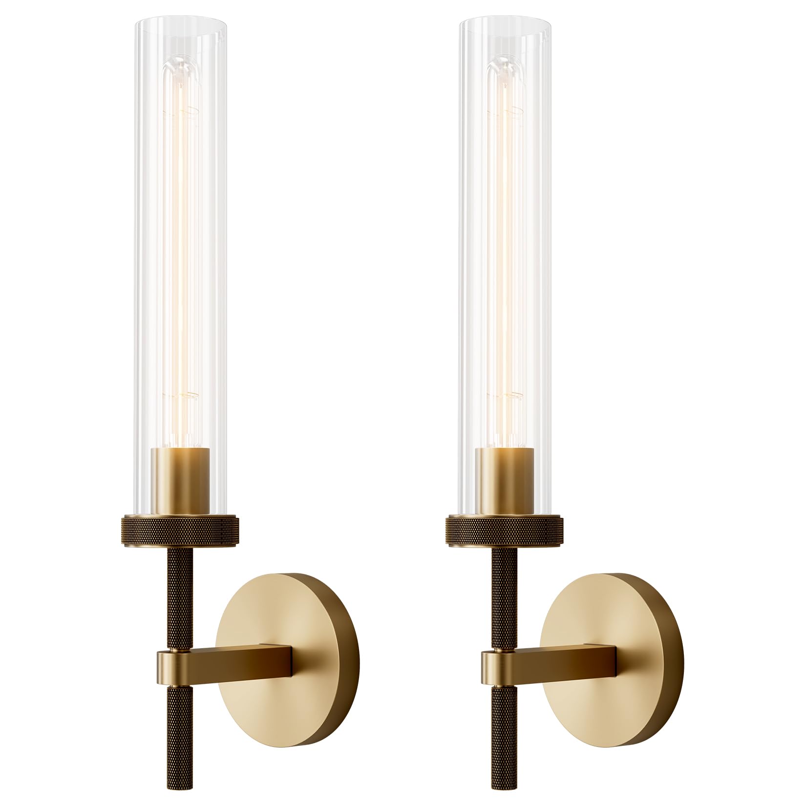 Gold sconces Wall Lighting, 19" Knurling Brass Wall Sconces Set of Two,Bathroom Vanity Light Fixtures, Modern Wall Lights for Mirror Living Room Hallway,Staircase
