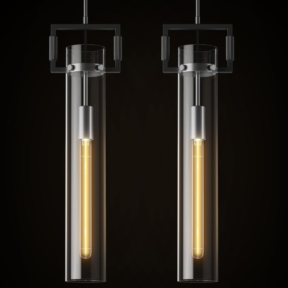 Modern Large Black Pendant Light Fixture Set of 2-21.6 Inch Adjustable Hanging Chandelier with Glass Shade & Brass Finish, Farmhouse Island Lighting for Kitchen, Dining Room, Bathroom