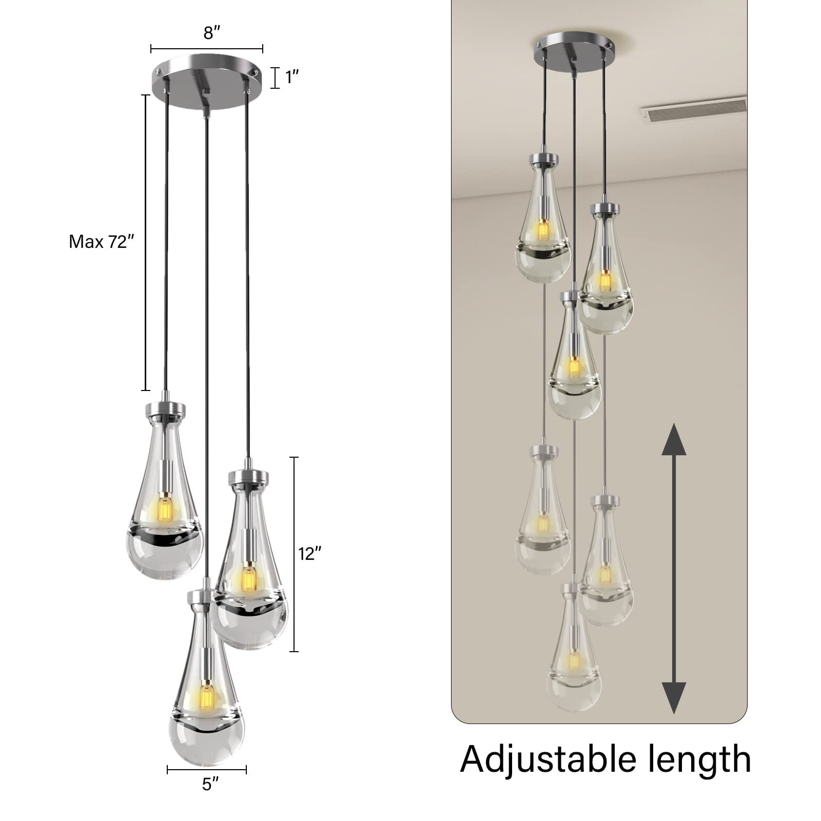 3 Light Pendant Lights Kitchen Island, Raindrop Cluster Pendant Light Fixture, Adjustable Hanging Rope Clear Solid Glass Chandelier for Dining Room, Porch, Corridor, Living Room