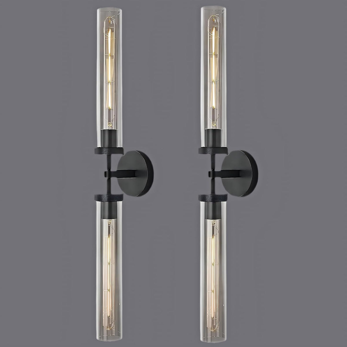 RINGRAIN Black Brass Glass Double Wall Sconce Set 30" Knurled