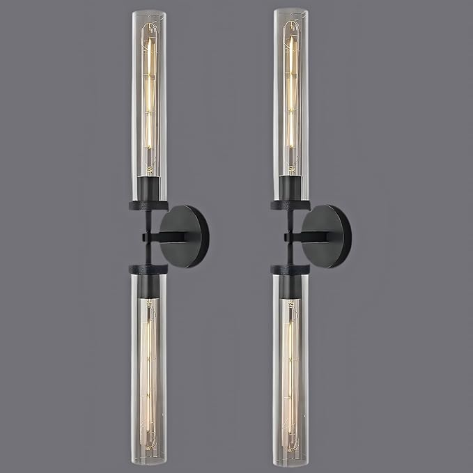 RINGRAIN Black Brass Glass Double Wall Sconce Set 30" Knurled