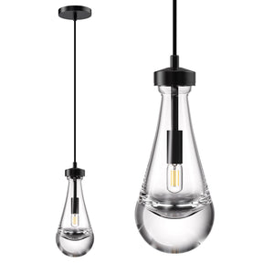 Matte Black Pendant Light Fixture, Raindrop Hanging Light Fixtures, Pendant Lighting for Kitchen Island, Indoor Crystal Ceiling Light Fixtures with Clear Solid Crystal Raindrop for Living Room Hallway