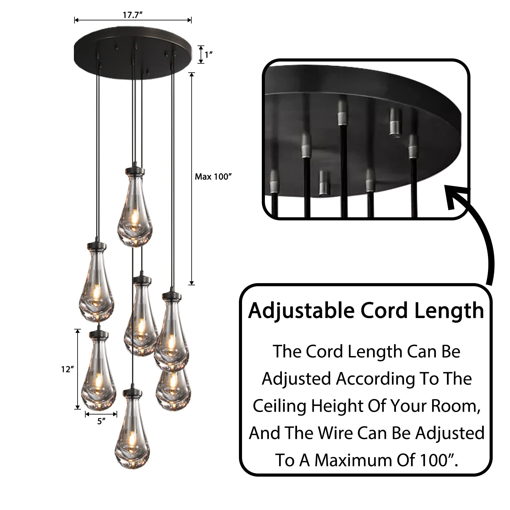 H100'' High Ceiling Chandelier for Entryway,Modern Raindrop Chandeliers for Living Room,Black 7 Light Adjustable Rope Teardrop Pendant Lights Kitchen Island for Hallway/Staircase